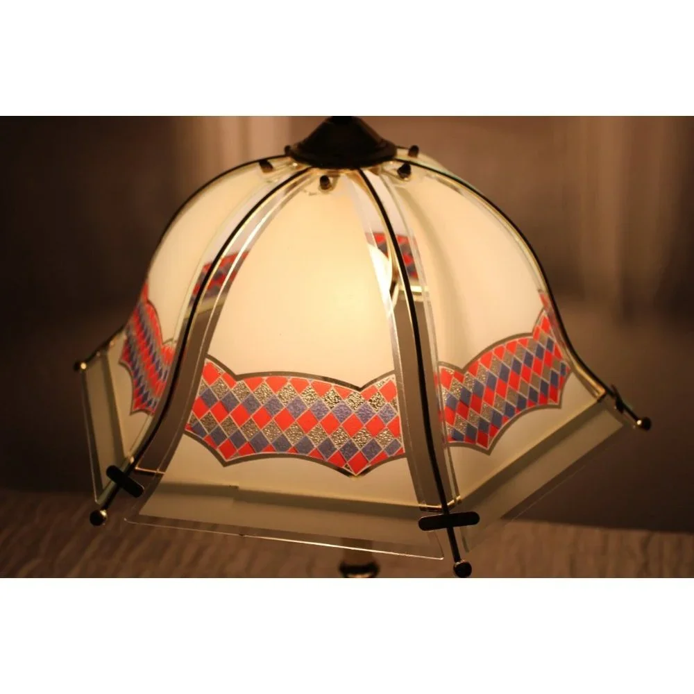 Vtg 1990s White Reverse Printed Checkered Gold Colored Bell Touch Lamp Red White